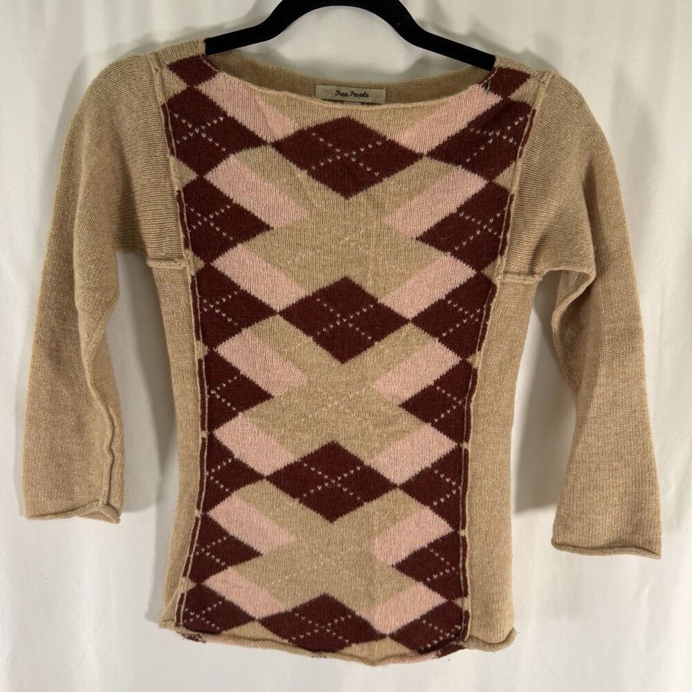 Free People Lambswool Blend Sweater Women's Small Tan Argyle Print 3/4 Sleeve